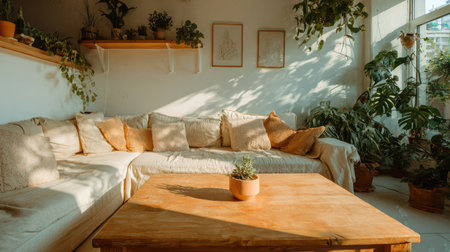 A sunlit living space filled with abundant houseplants and comfortable seating.の素材