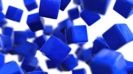 Digital graphic illustration of many blue cubes in motion against a plain white background. The cubes are in various stages of motion and appear to be floating or falling. The image is highly stylized and abstract in nature. The focus is on the interplay of the blue cubes in the image, creating a sense of movement and visual interest.の素材