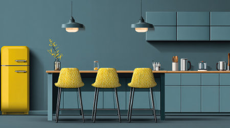 Rendering of a modern kitchen featuring a teal blue color palette accented with vibrant yellow bar stools and a vintage-style yellow refrigerator.  The kitchen is well-lit and has a modern, clean aesthetic. The bar area and countertops are made of wood with matching cabinets.の素材