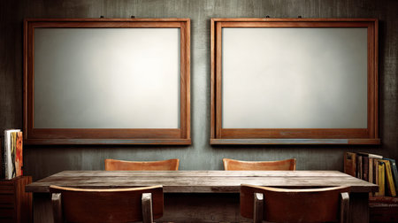 Rustic wooden table with two empty wooden framed boards on a gray wall.  Two brown wooden chairs are also present. The image emphasizes a simple, neutral, and minimalist setting.の素材