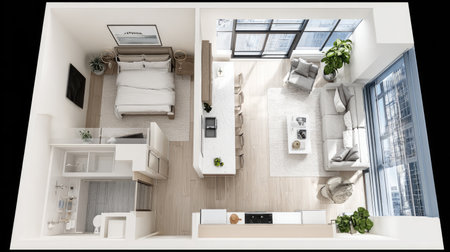 Bird's-eye perspective of a small  apartment. The image shows the arrangement of the living space, including a bedroom, kitchen, bathroom, and living area.  The style is modern and minimalist with light neutral colors and hardwood floors.  Large windows offer a bright, airy feel.  The layout prioritizes open space and efficiency.の素材