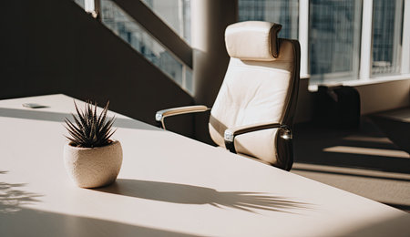 An executive office chair and potted plant are in a sunlit modern office.の素材
