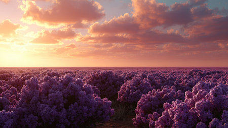 Wide, low-angle view captures an immense field densely covered in vibrant purple flowering shrubs, meeting a flat horizon line. Above, the sky transitions from bright yellow and orange near the setting sun to soft pinks and dusky blues, filled with scattered, warm-toned cumulus clouds.の素材