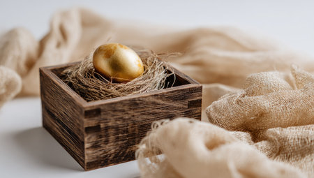 A single golden egg sits in a nest inside a rustic wooden box.の素材