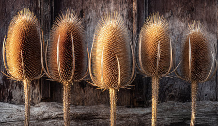 Dried thistle seed heads are arranged in a line against a textured wooden background.の素材