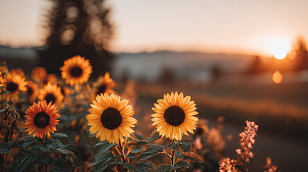 View of several mature sunflowers with vibrant yellow petals and dark centers, growing in a field as the sun sets in the background, casting warm, golden and orange light across the scene with blurred distant structures and trees.の素材
