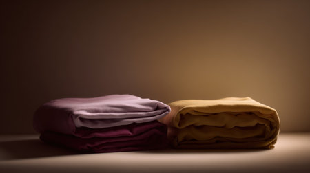 Two distinct stacks of folded fabric items, one pile displaying shades of pink and maroon and the other a warm yellow or gold, are arranged side by side on a horizontal surface. The scene is illuminated by focused, dramatic lighting that highlights the folds and textures against a deep, shadowed brown background, creating a moody and intimate atmosphere suitable for concepts related to home organization or textile products.の素材