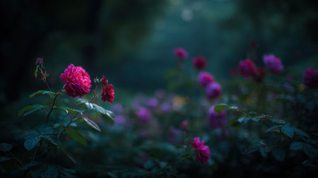 A cluster of pink roses with green leaves against a dark, blurred garden background.の素材