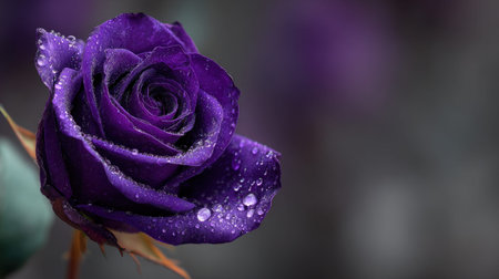 A vibrant purple rose glistens with water droplets against a softly blurred background.の素材