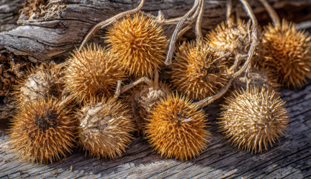 Spiky, dry seed pods rest on a textured, weathered wooden surface.の素材