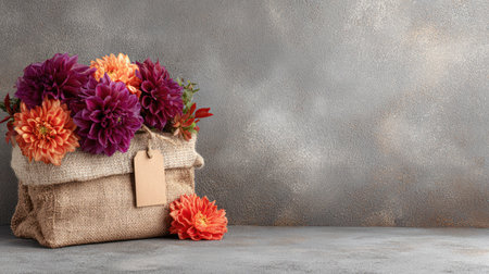 Still life composition featuring deep purple and bright orange dahlia flowers arranged inside a rough-textured burlap bag, which features a blank brown paper tag hanging from the opening, set upon a cool gray surface with a heavily textured, mottled gray wall serving as the backdrop, providing ample negative space for text or graphic overlay.の素材