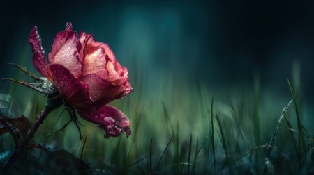 A single, dew-kissed rose glows against a soft, dark background.の素材