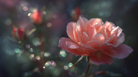 A close-up view of a peach-colored rose covered in dew drops.の素材