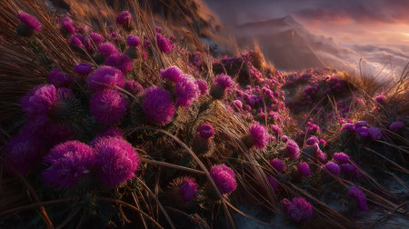 Purple wildflowers flourish on a sun-drenched hillside with mountains in the distance.の素材