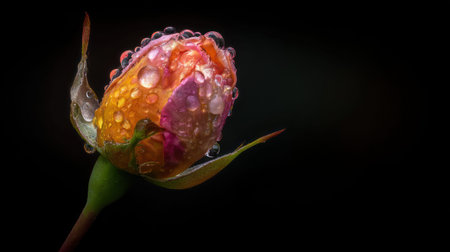 A dew covered rose bud in striking colors against a deep black backdrop.の素材
