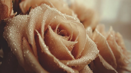 Close up of delicate peach roses glistening with dew drops.の素材