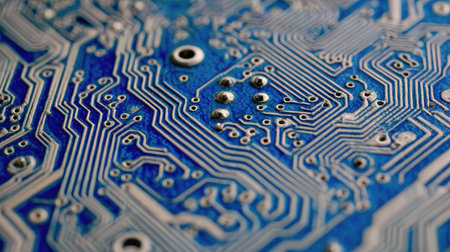 A detailed close-up of a blue electronic circuit board with intricate pathways.の素材