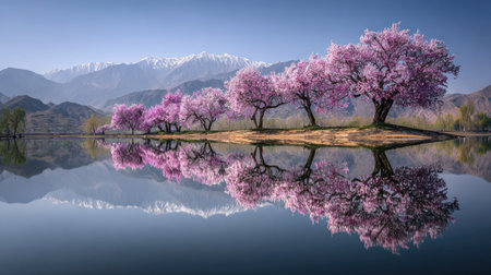 Scenic, wide-angle landscape featuring several mature trees covered in vibrant pink blossoms situated along the edge of a calm body of water, creating a nearly perfect mirror image reflection below. In the background, a range of tall mountains capped with snow rises against a clear blue sky, conveying a beautiful springtime atmosphere.の素材