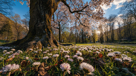 A low-angle view of a park scene with a large tree and blooming flowers.の素材