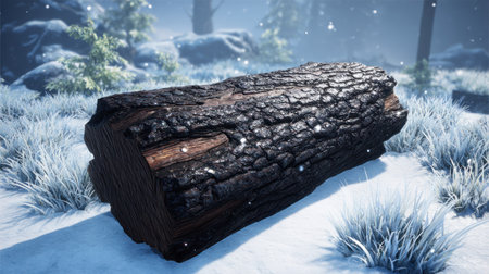 Detailed  render shows a substantial, dark, aged tree log lying across ground covered in fresh white snow, surrounded by frosty grasses and hints of evergreen foliage in a softly lit, cold outdoor environment with visible falling snowflakes.の素材