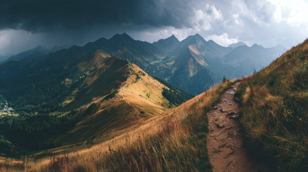 Sweeping panoramic view captures a narrow, worn dirt path winding along a golden, grassy mountain ridge. In the background, a series of imposing, dark mountain peaks recede into the distance beneath heavy, brooding storm clouds, contrasting with patches of lighter sky breaking through. Dense forest covers the lower slopes, with a glimpse of a small settlement nestled in the valley below.の素材