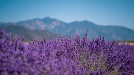 View of densely packed, deep purple lavender flowers dominating the foreground, contrasting with a blurred background featuring rolling, dusty blue mountains beneath a bright, clear azure sky, suggesting a peaceful summer scene in a cultivation area.の素材