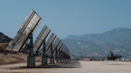 Wide outdoor shot capturing a linear arrangement of several large, tilted solar concentrating mirrors or collectors mounted on concrete bases, stretching into the distance in a dry, sparsely vegetated area. Prominent, hazy mountains form the backdrop under a pale blue sky, suggesting a renewable energy generation facility in an arid or semi-arid environment.の素材