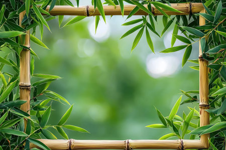 Close-up view of a bamboo frame with lush green leaves, creating a natural and serene aesthetic. The frame surrounds a blurred background of out-of-focus greenery, enhancing the overall image's tranquility and visual appeal.の素材