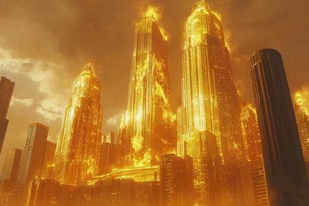 Futuristic cityscape composed of tall, golden buildings, set against a dramatic fiery sky with clouds. The buildings are detailed and appear to be illuminated by an intense light source, creating a striking and awe-inspiring scene.の素材