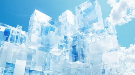 Create a futuristic cityscape where buildings are replaced by floating crystalline cloud modules, all connected and managed virtually --chaos 30 --ar 16:9 --v 6.1 Job ID: a66de08a-5ea1-4c18-a929-36316f21951bの素材