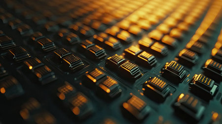 Depict a field of sleek, black solar panels contrasting against a sunset, showing a contrast of dark and light for generating power --chaos 30 --ar 16:9 --v 6.1 Job ID: 9340e492-6885-4688-9357-bbf8ff6e9b1dの素材