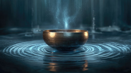 Construct a detailed representation of a singing bowl being struck, with sound waves visualized emanating its vibrant, calming tones --chaos 30 --ar 16:9 --v 6.1 Job ID: 98b50d05-1efe-48cc-81f7-017f399919aeの素材