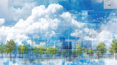 Compose a futuristic landscape with geometric forms representing the architecture of the cloud, connected by energy lines --chaos 30 --ar 16:9 --v 6.1 Job ID: 88218acb-41dc-4b5c-8d57-d5f334fd6738の素材