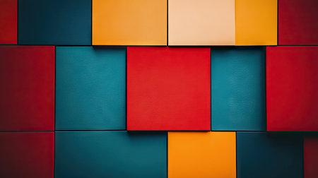 Bright color blocks in red, orange, and blue arranged on the wall. Simple background with soft lighting. Minimalist style with geometric shapes. The colors of each box represent different emotions such as joy or calmness. High-resolution and high-quality. The overall composition is balanced and harmonious. Clean lines and simple designs create an elegant atmosphere. Flat lay. --chaos 30 --ar 16:9 --v 6.1 Job ID: 258e218e-a165-4f28-9203-e07ed022c8ecの素材