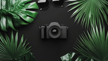 Black and white paper with a camera on a black background, flat lay. A minimalistic concept of a graphic designer's or photographer's workspace. Top view, copy space banner template for a creative studio business. --chaos 30 --ar 16:9 --v 6.1 Job ID: a5485c22-6e6b-48d7-b122-3df430c847fbの素材