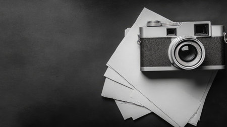 Black and white flat lay with a camera on a black background with copy space, top view. Flat lay with a vintage photo camera and paper sheets on a dark-colored table. Creative idea concept for a web banner design, business poster, or flyer. Simple, minimalistic style. --chaos 30 --ar 16:9 --v 6.1 Job ID: fb38e1be-5668-4edb-8889-ee7030eb31d9の素材