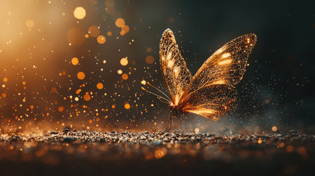 Golden butterfly with luminous wings is positioned on a dark ground scattered with shimmering light particles.  The effect of the light creates a magical and enchanting atmosphere.の素材