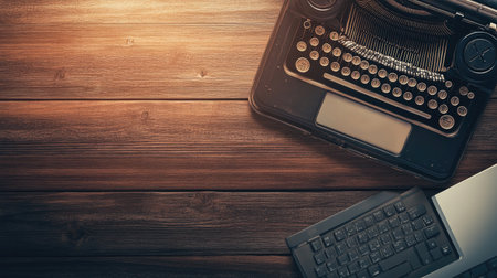 An overhead shot of an old typewriter and a modern laptop on a wooden desk, symbolizing the evolution from traditional writing to digital communication. The contrast between the classic machine and the sleek computer reflects the past versus present concept in content creation. --chaos 30 --ar 16:9 --v 6.1 Job ID: 373793db-cea2-4ba0-9ee3-646a0916df7dの素材