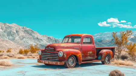 An old, rusty truck is parked in the middle of an empty desert, under a clear blue sky. The landscape around it features vast flatlands with scattered vegetation and sparse trees, creating a sense of solitude and desolation. This scene evokes feelings of isolation, loneliness, or journeying through the great outdoors. Photograph in the style of Canon EOS R5. --chaos 30 --ar 16:9 --v 6.1 Job ID: df047798-e149-4cdd-ac26-06f5e386a411の素材