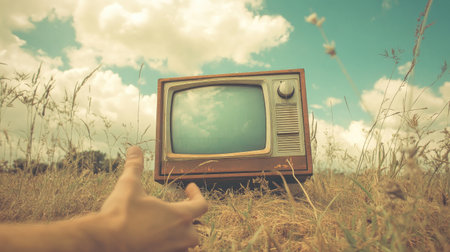 An old, vintage television set sits in the middle of an open field. The sky is cloudy, and there is some wild grass surrounding it. The TV screen displays no picture, just noise or static. In front of the old TV, a hand reaches out to turn off its power button. It is a sunny day with soft light, and the colors are muted and desaturated. --chaos 30 --ar 16:9 --v 6.1 Job ID: 0af8f57d-4d5c-4bd8-84b1-e53f20c66304の素材