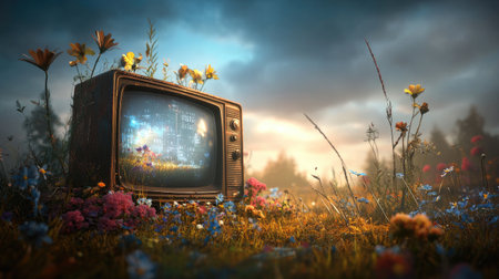 An old, vintage television set is placed in the middle of an open field, with wild grass and flowers growing around it. The sky is cloudy and blue, creating a serene atmosphere. The old-fashioned TV screen has some static on its display, adding to the nostalgic feel. This scene evokes memories from childhood days when family members gathered together watching black-and-white TV shows or films. It also symbolizes that we have seen many stories through television as kids. --chaos 30 --ar 16:9 --v 6.1 Job ID: cfd80687-fc44-4db9-90ec-9cd583dd7791の素材