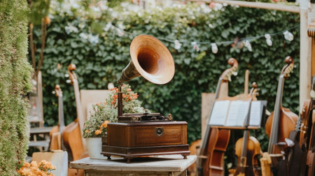 An antique gramophone playing cheerful music, surrounded by musical instruments with a backdrop of summer, showcasing the best of the season --chaos 30 --ar 16:9 --v 6.1 Job ID: c83b14a5-054f-49e2-b0c8-603e88ac92e3の素材