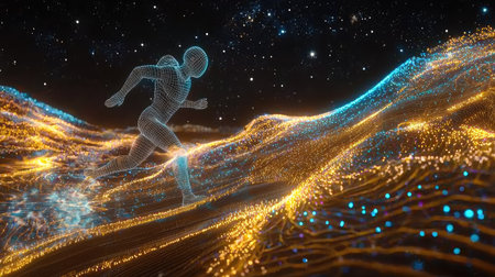 Dynamic digital illustration of a wireframe figure running across a terrain composed of glowing particles. The particles create an abstract and futuristic landscape with a starry night sky in the background. The color palette includes golds, blues, and a variety of lights.の素材