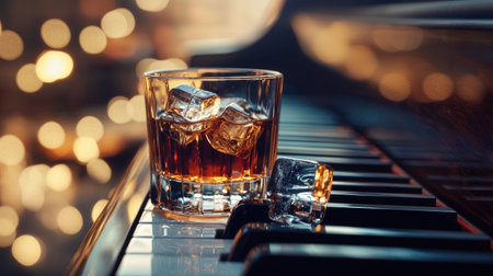 Shot glass filled with amber-colored liquor and ice cubes rests on the black and white keys of a piano.  Soft, warm lighting and a blurred background create a sophisticated and intimate ambiance.の素材