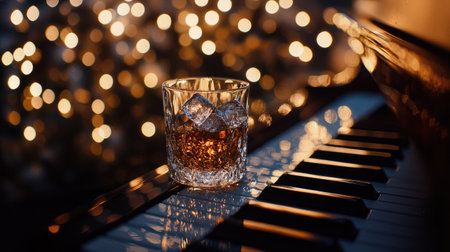 Whiskey glass filled with ice cubes sits on a piano, showcasing the keys. The background is a blurred array of golden lights, creating a bokeh effect, enhancing the ambiance of the scene.の素材