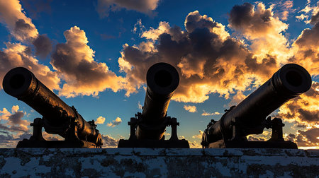 Silhouettes of three antique cannons are positioned atop a stone wall against a vibrant sunset sky filled with dramatic clouds.  The cannons are angled outward, and the details of their metalwork are visible.の素材