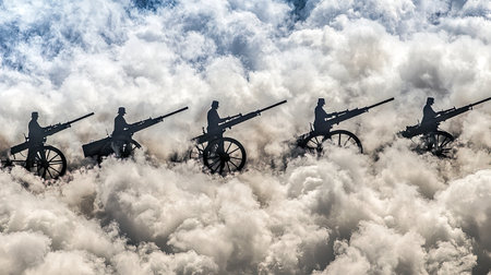 Silhouettes of soldiers operating vintage artillery pieces are depicted traversing a cloudy sky. The soldiers are positioned on a series of carriages, all silhouetted against a backdrop of dense clouds, creating a dramatic and ethereal scene.の素材