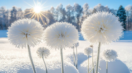 Close-up view of several delicate, fluffy flowers covered in a thick layer of frost, in a snowy winter landscape with a bright sunlight.の素材