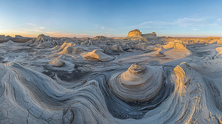 Panoramic vista of a sculpted desert landscape with light-colored, eroded earth formations.  The formations exhibit intricate patterns and textures,  suggesting the effects of natural erosion and geological processes.  The colors of the land and sky highlight the beauty of the scene.の素材