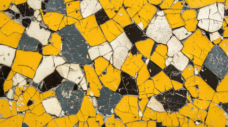 Close-up view of a surface with a mosaic-like pattern of various colors.  The paint is cracked and layered, revealing the underlying colors beneath.  The pieces are broken and irregular, creating a textured surface that is both beautiful and aged.の素材